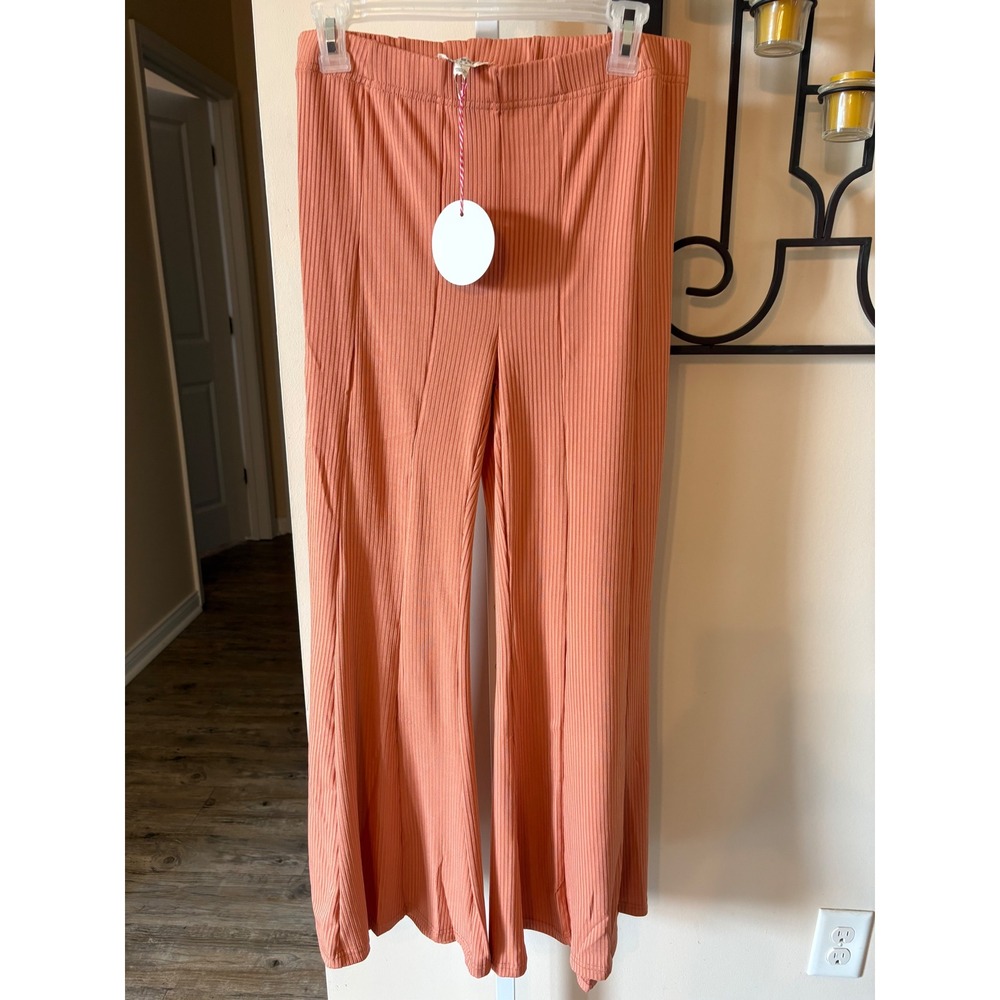 Umgee USA Ribbed Knit Wide Leg Pants Terracotta Orange High Rise Large NWT